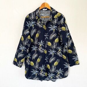 HOTOUCH Women's XL Button Front Tunic Shirt Dress Pineapple Print on Navy